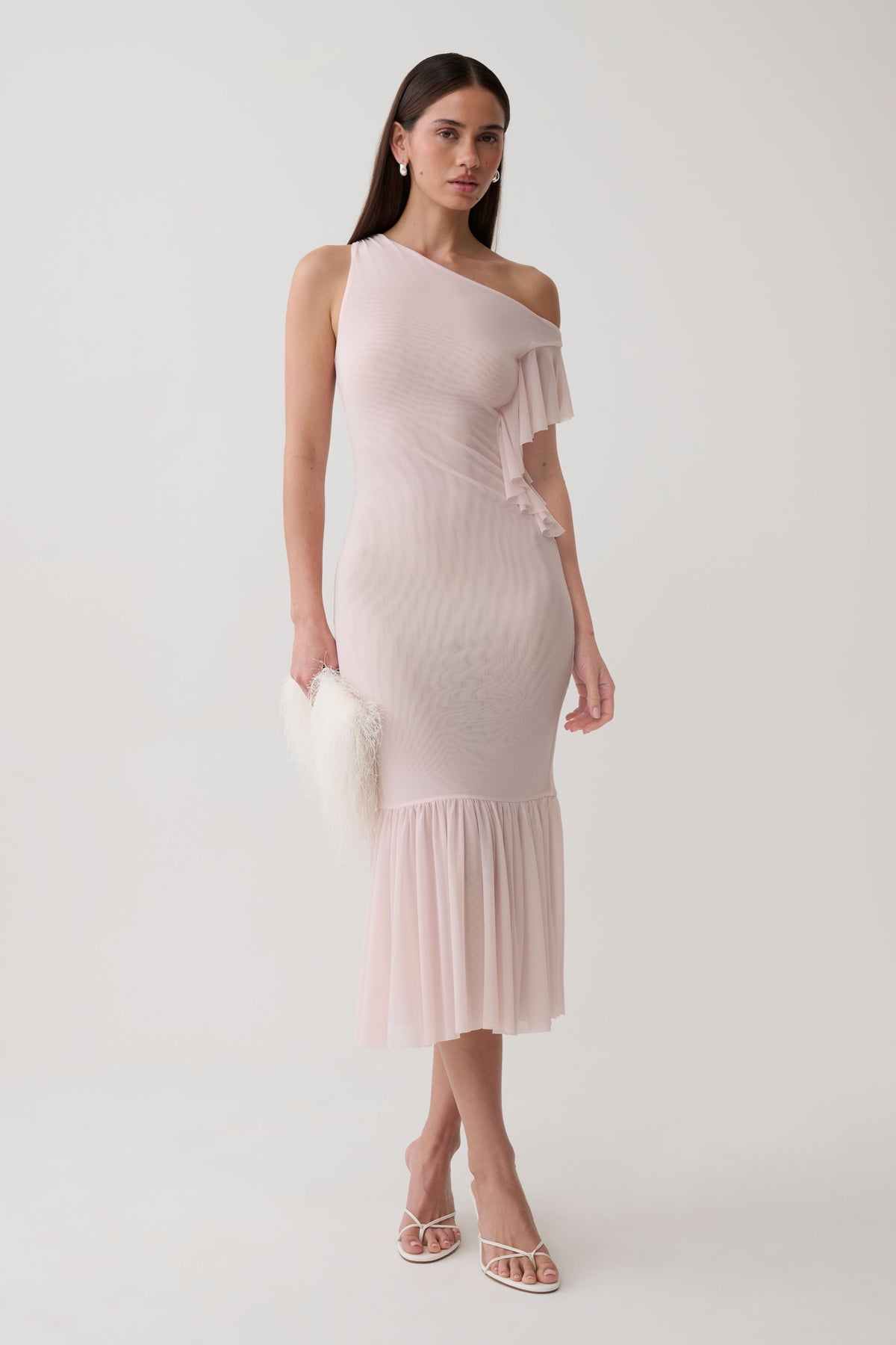 Milana Mesh Midi Off Shoulder Dress - Pale Pink