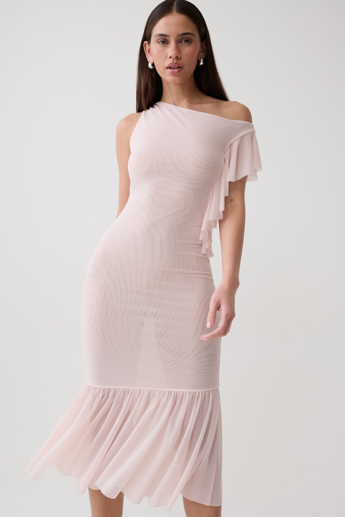Milana Mesh Midi Off Shoulder Dress - Pale Pink