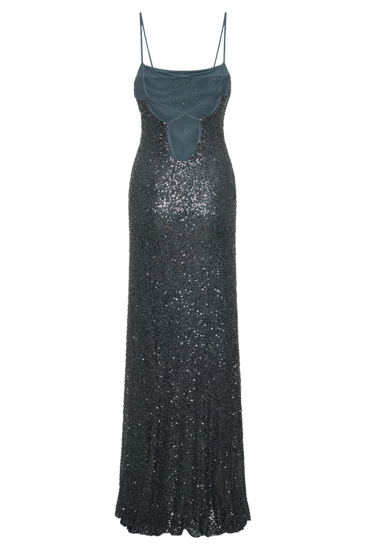Alyah Beaded Sheer Maxi Dress - Charcoal