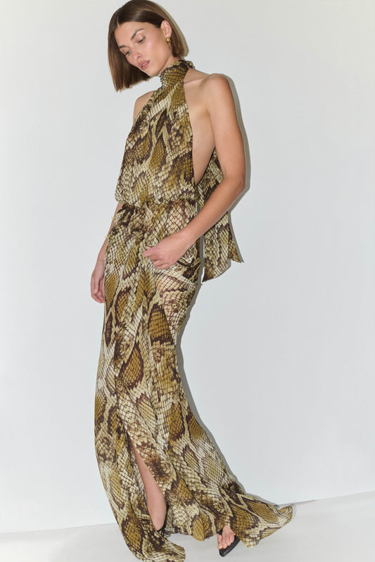 Eliana Tie Back Chiffon Maxi Dress - Snake Print