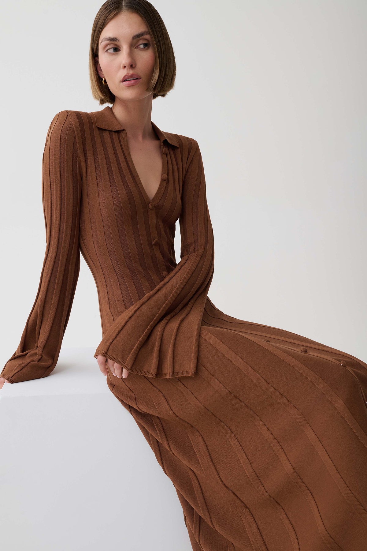Maddie Long Sleeve Knit Midi Dress - Mocha #6