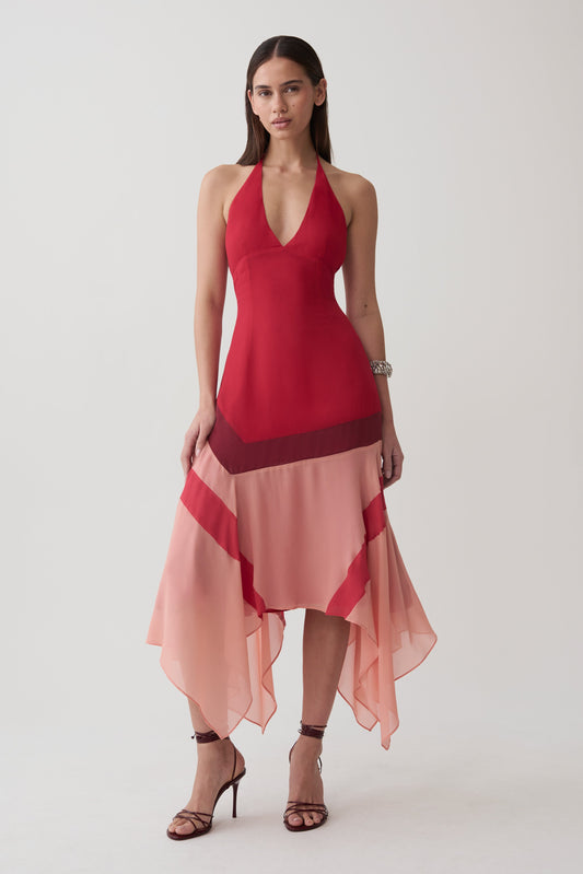 Bettina Chiffon Halter Neck Midi Dress - Red