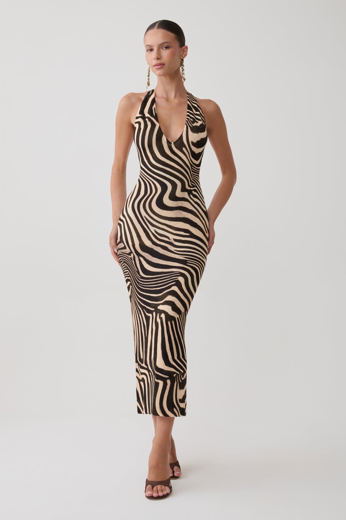Darla Deep V Knit Midi Dress - Zebra Print