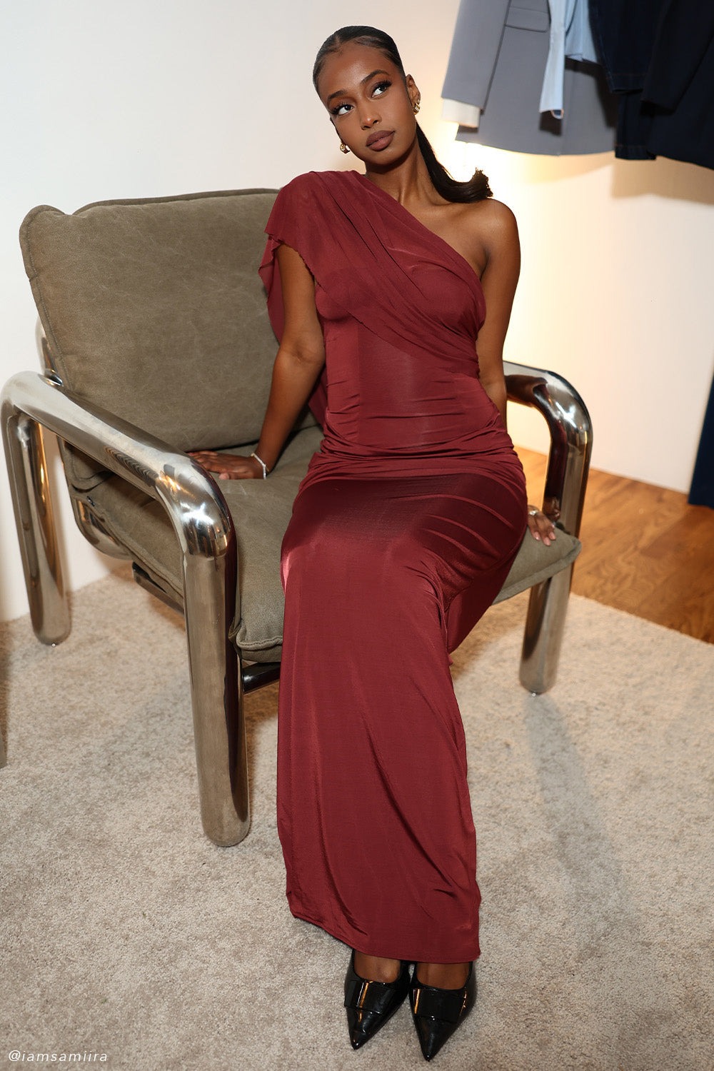 Mattea Slinky And Mesh Maxi Dress With Scarf - Burgundy
