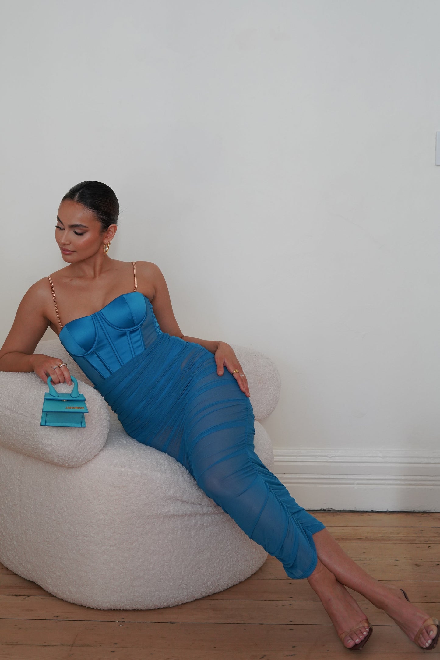 Tiarne Satin And Mesh Corset Midi Dress - Marine Blue