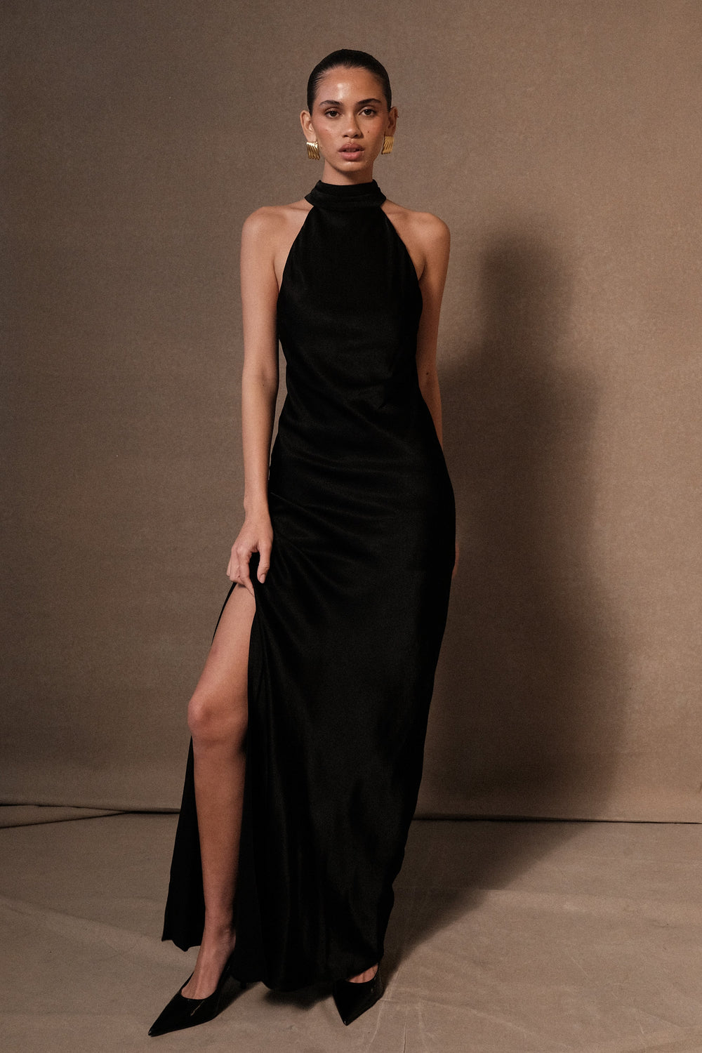 Claire Satin Drape Back Maxi Dress with Split - Black