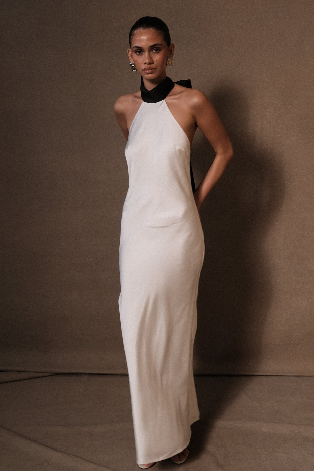 Paulette Satin Midi Dress With Bow - Black & White