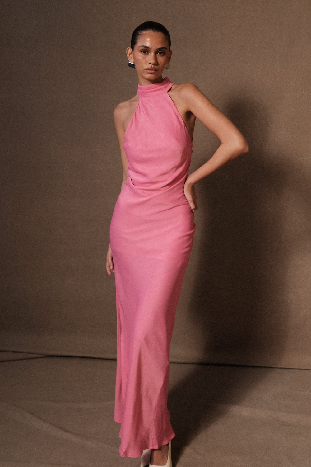 Claire Satin Drape Back Maxi Dress with Split - Pink