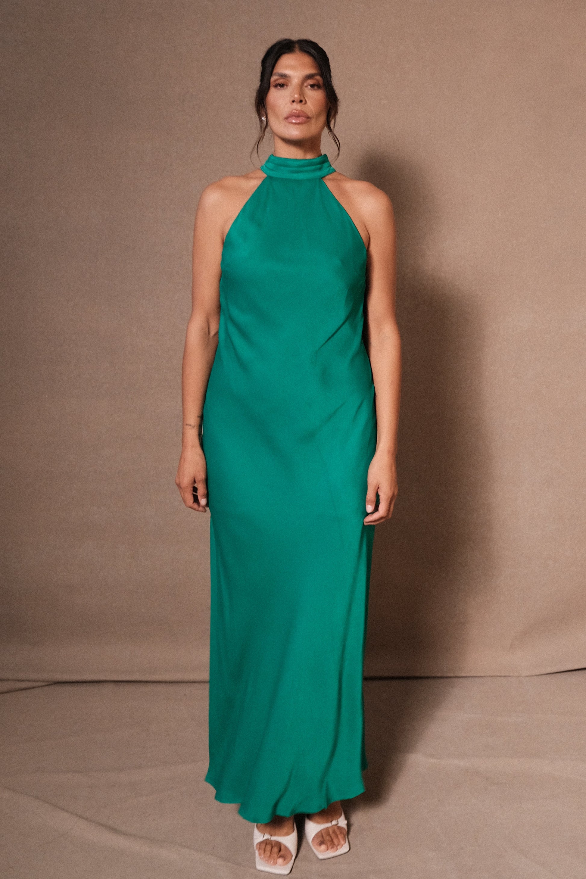 Claire Satin Drape Back Maxi Dress with Split - Green | MESHKI UK Claire Satin Drape Back Maxi Dress with Split - Green | MESHKI UK