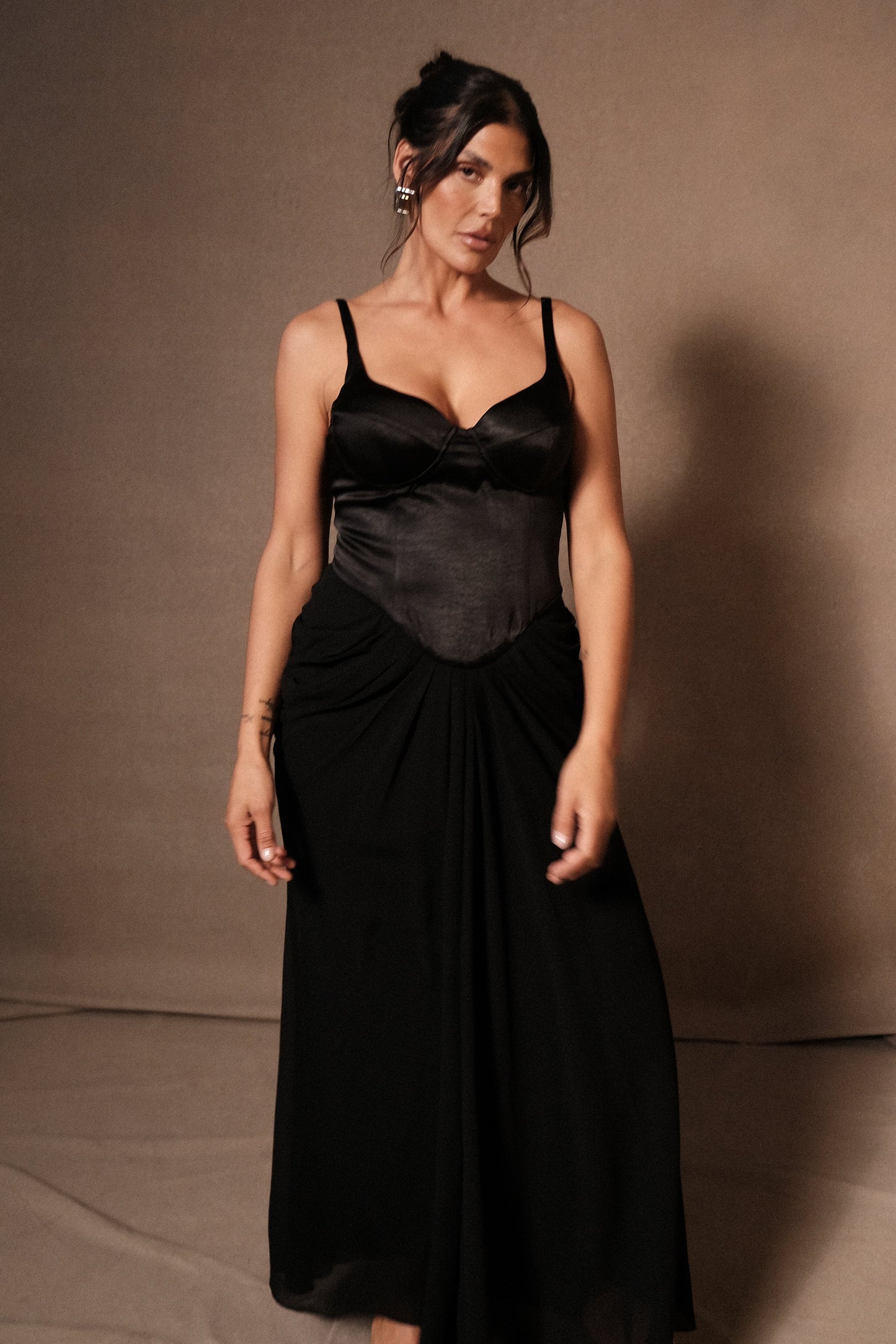 Leila Satin Corset Maxi Dress - Black