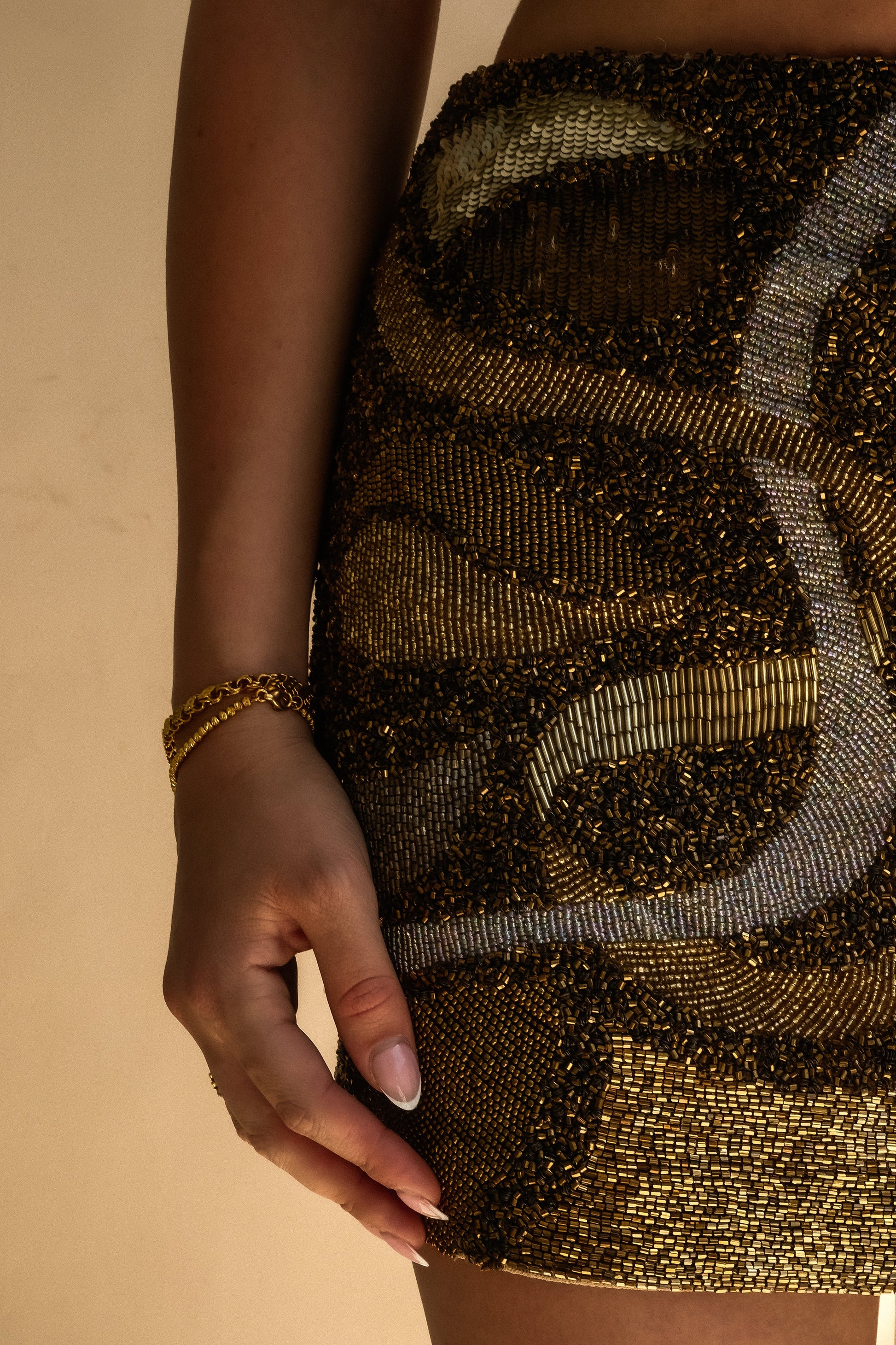 Asher Hand Beaded Abstract Mini Skirt - Gold #9