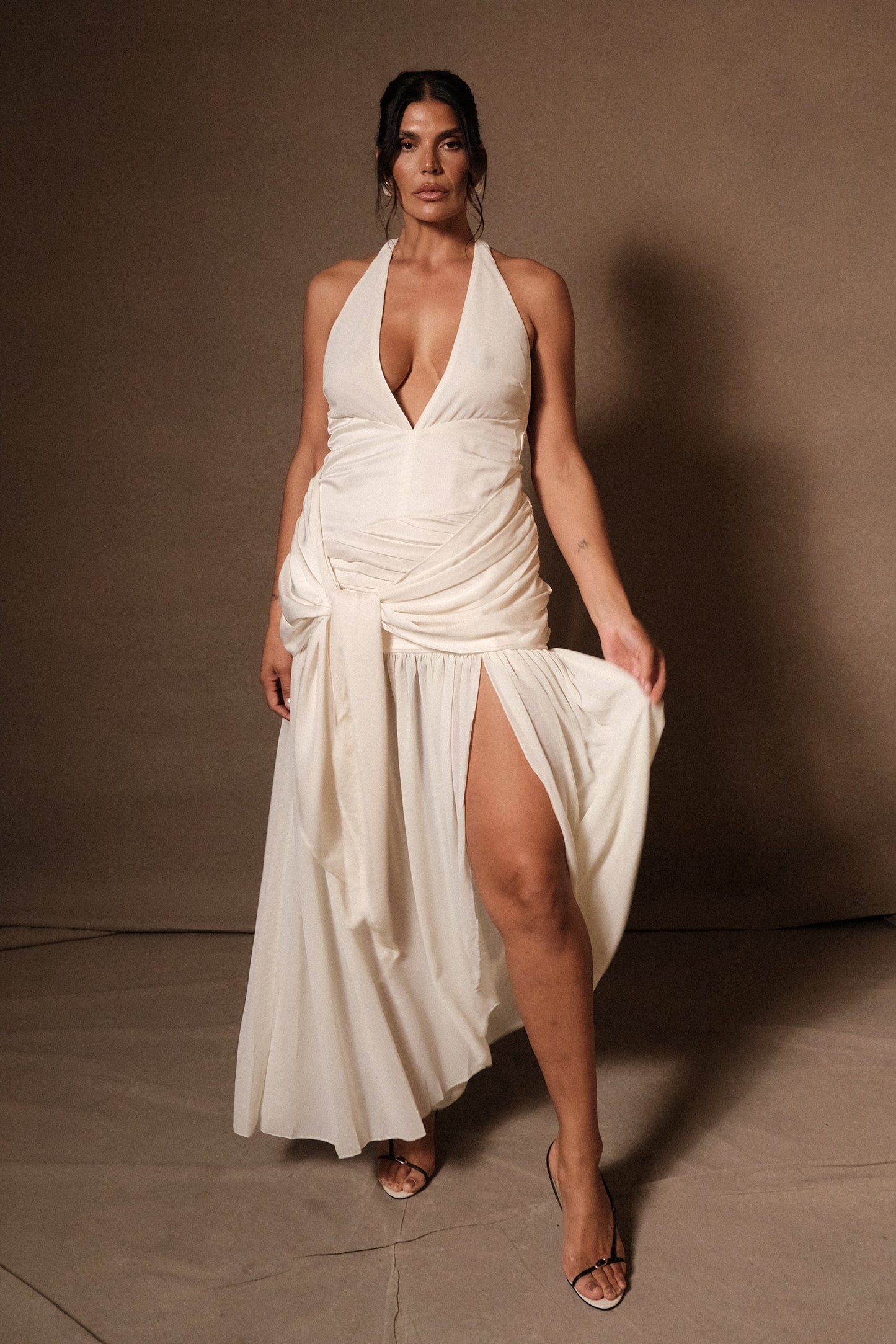 Graziana Satin Chiffon Plunge Maxi Dress - Ivory