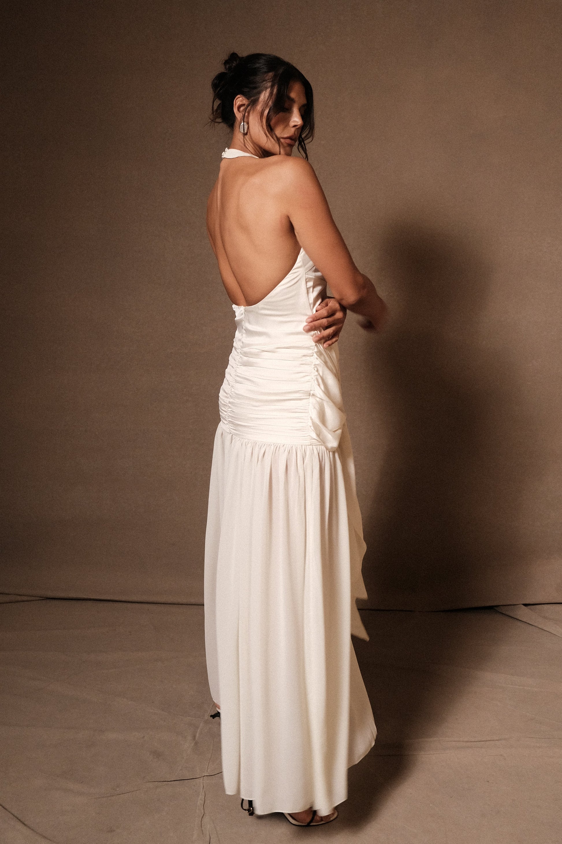 Graziana Satin Chiffon Plunge Maxi Dress - Ivory #5
