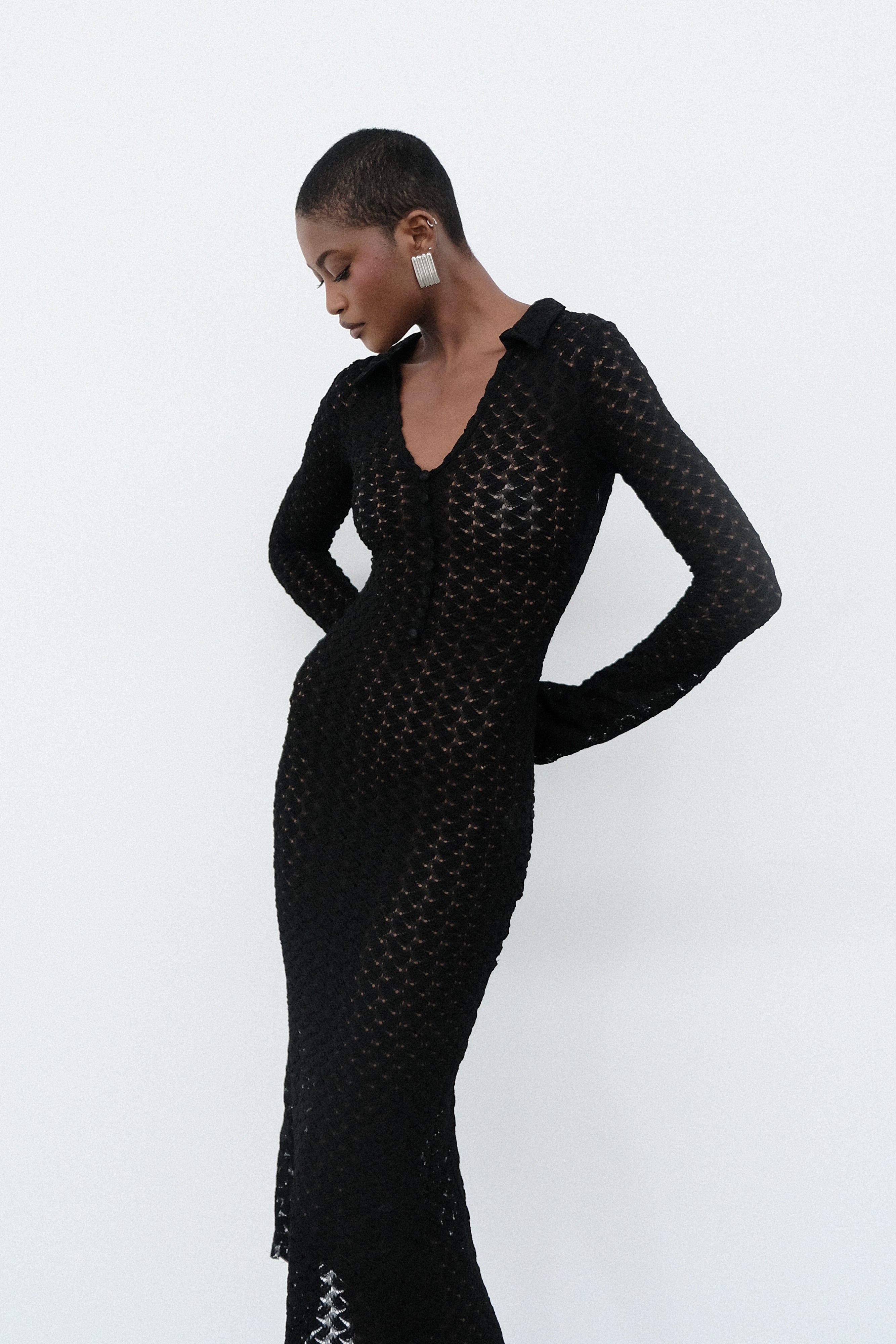 Dionne Lace Long Sleeve Midi Dress Black MESHKI UK