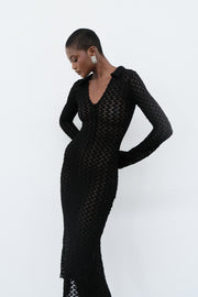 Dionne Lace Long Sleeve Midi Dress - Black