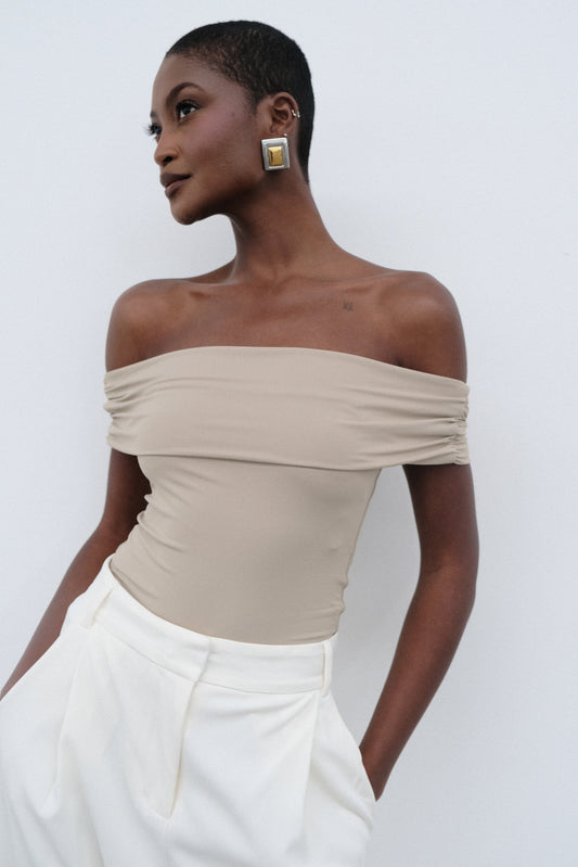 Meena Recycled Nylon Off Shoulder Top - Taupe