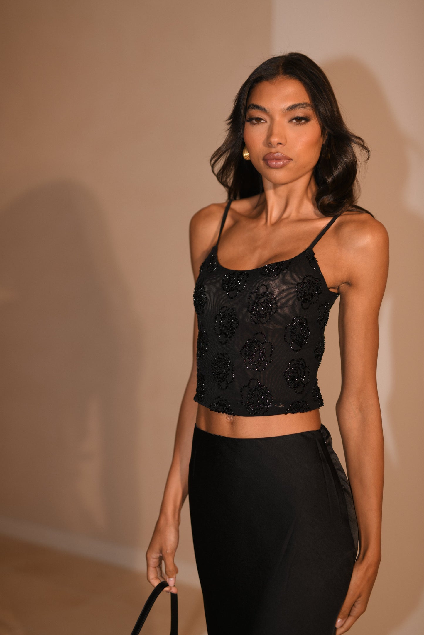 Greta Rose Beaded Camisole - Black