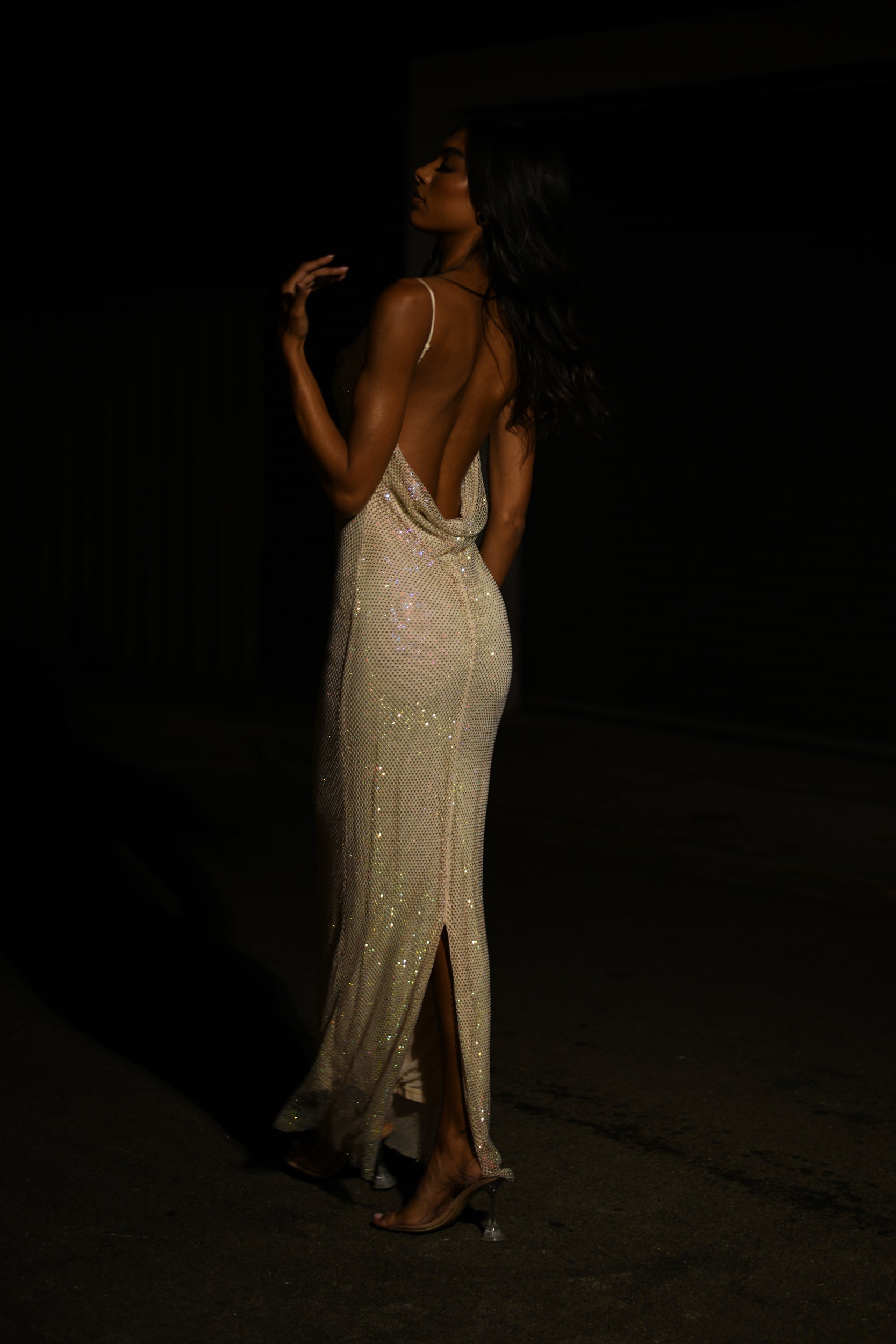 Madelaine Diamante Mesh Cowl Maxi Dress - Cream #2