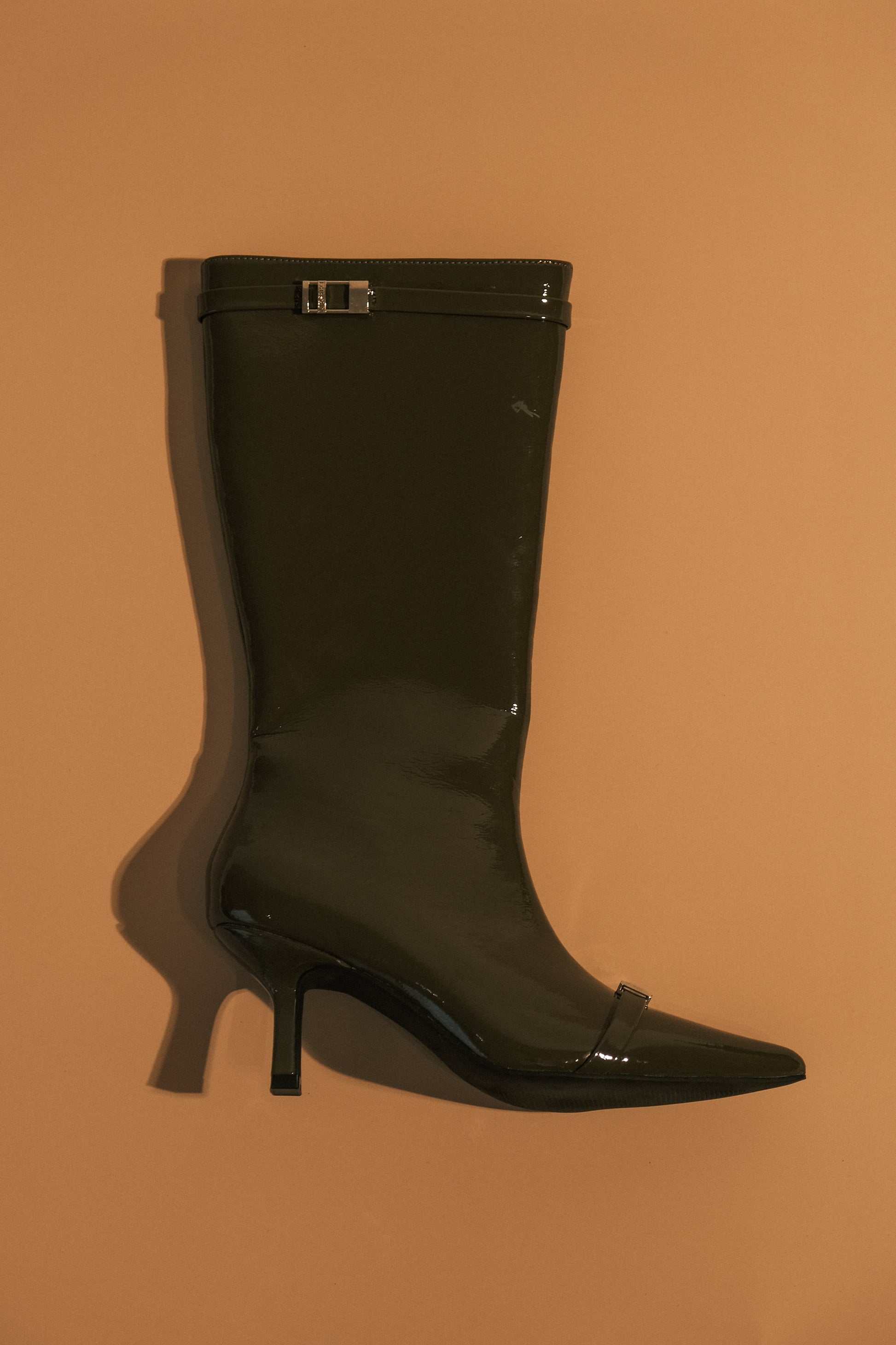 Astra Patent Faux Leather Buckle Boot - Khaki #2