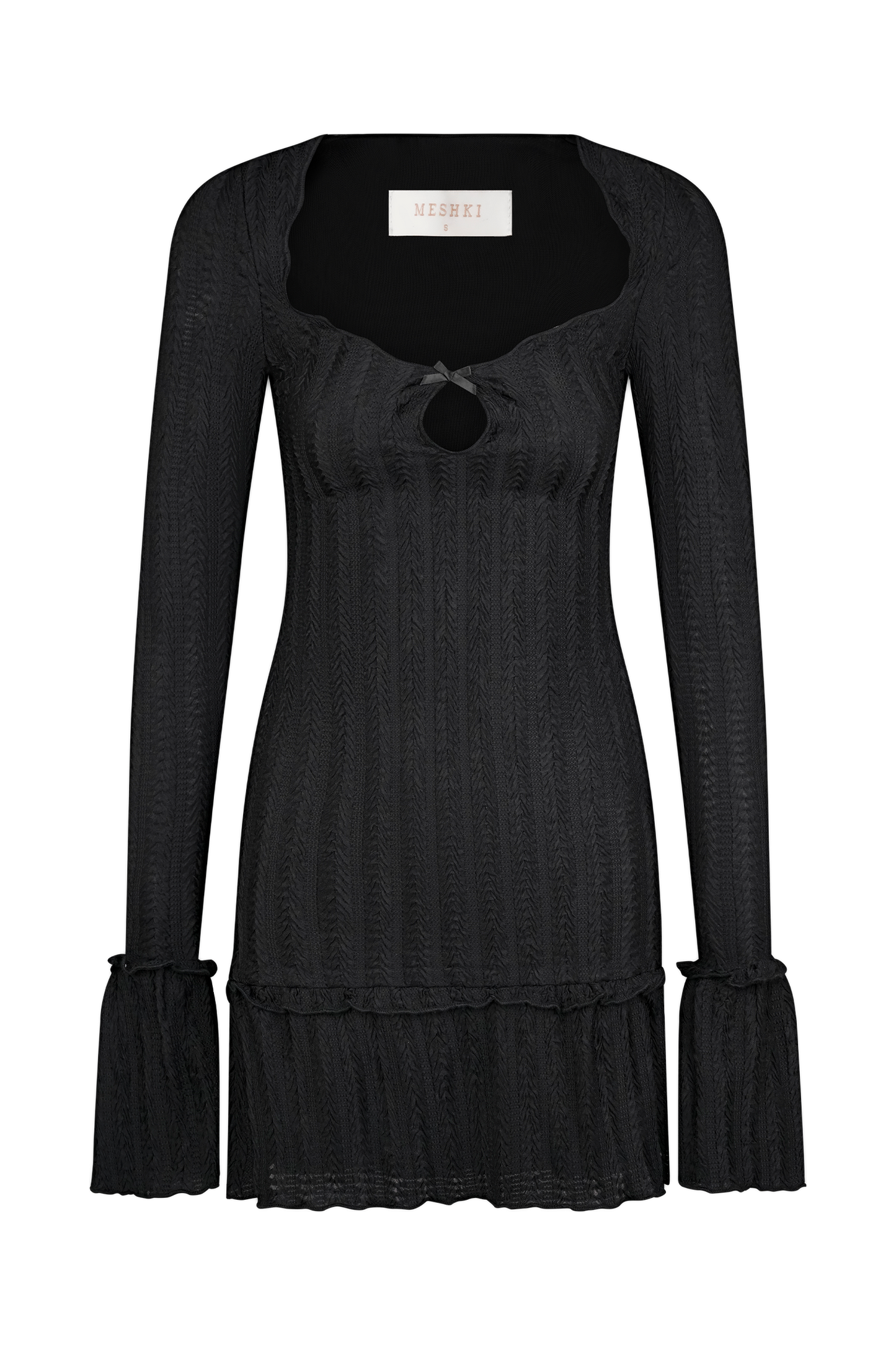 Daphne Pointelle Long Sleeve Mini Dress - Black
