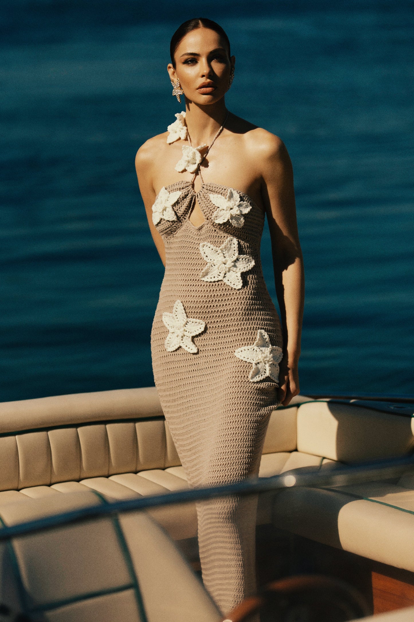 Kyla Floral Crochet Maxi Dress - Taupe/White