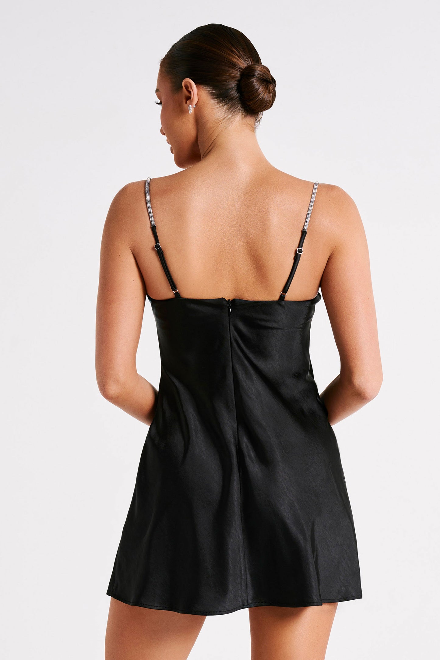 Elora Satin Cupped Mini Dress With Diamante Rope - Black