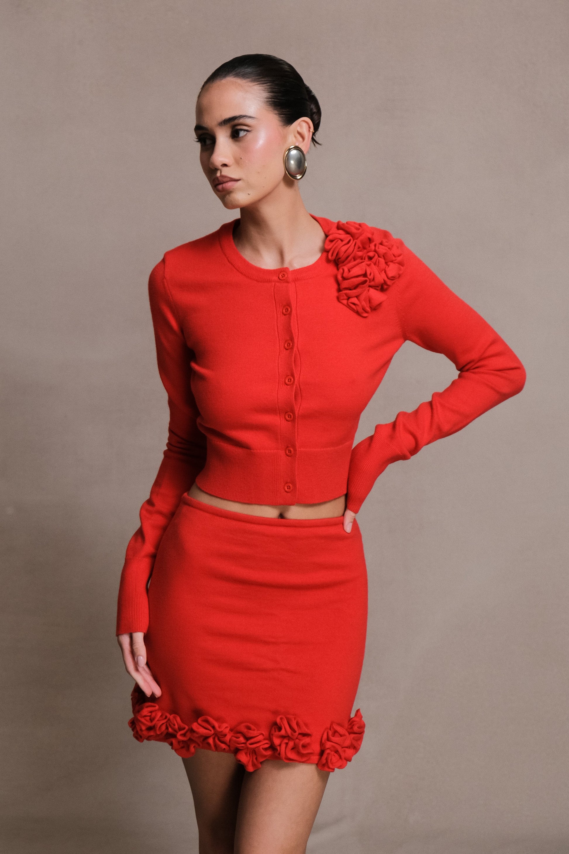 Gianna Knit Cardigan With Flowers - Red #2