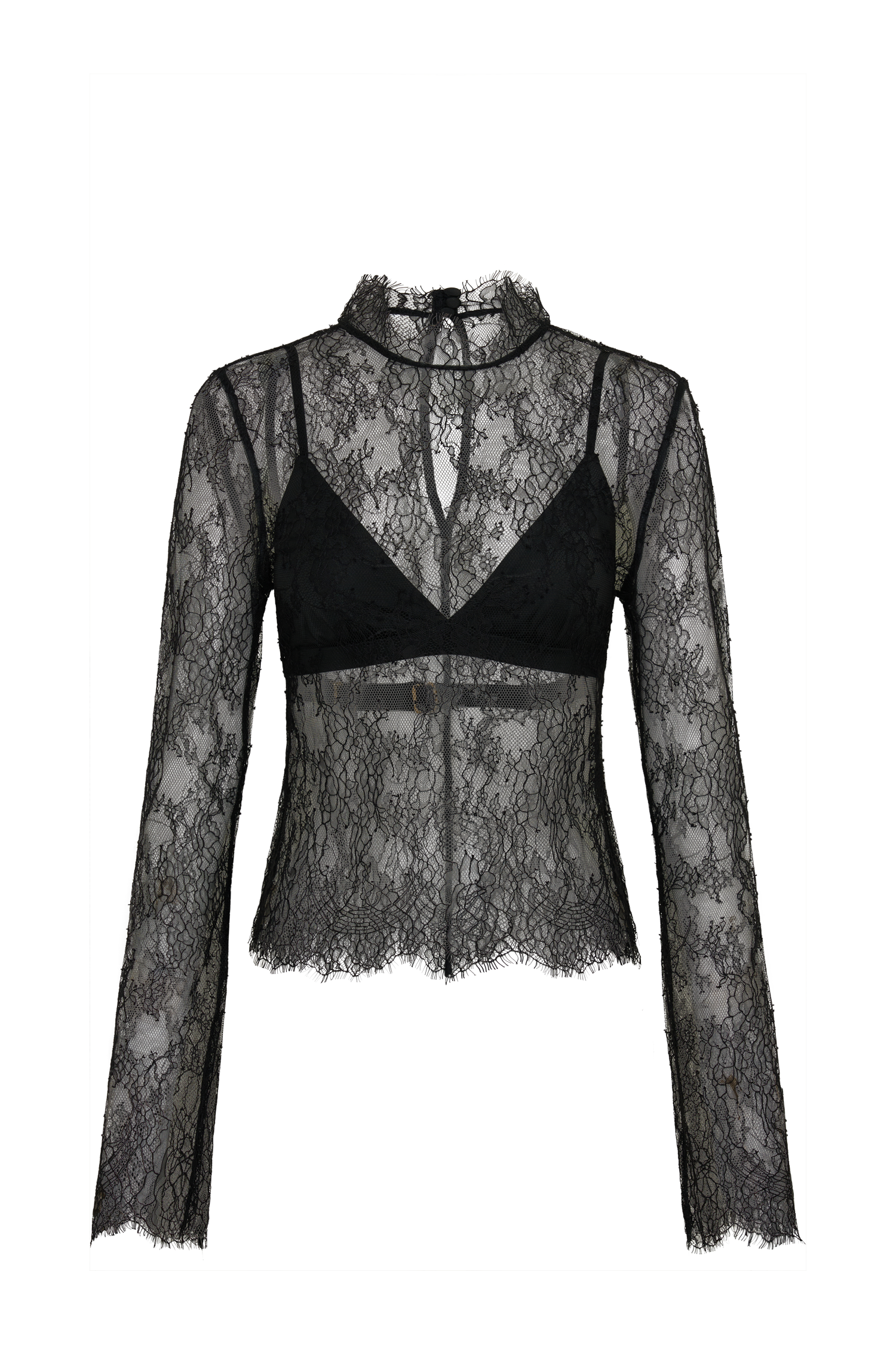 Alizette High Neck Long Sleeve Lace Top - Black #9