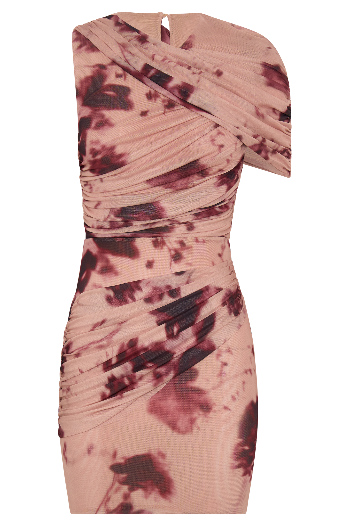 Adrienne One Shoulder Mesh Mini Dress - Nude Blurred Floral Print