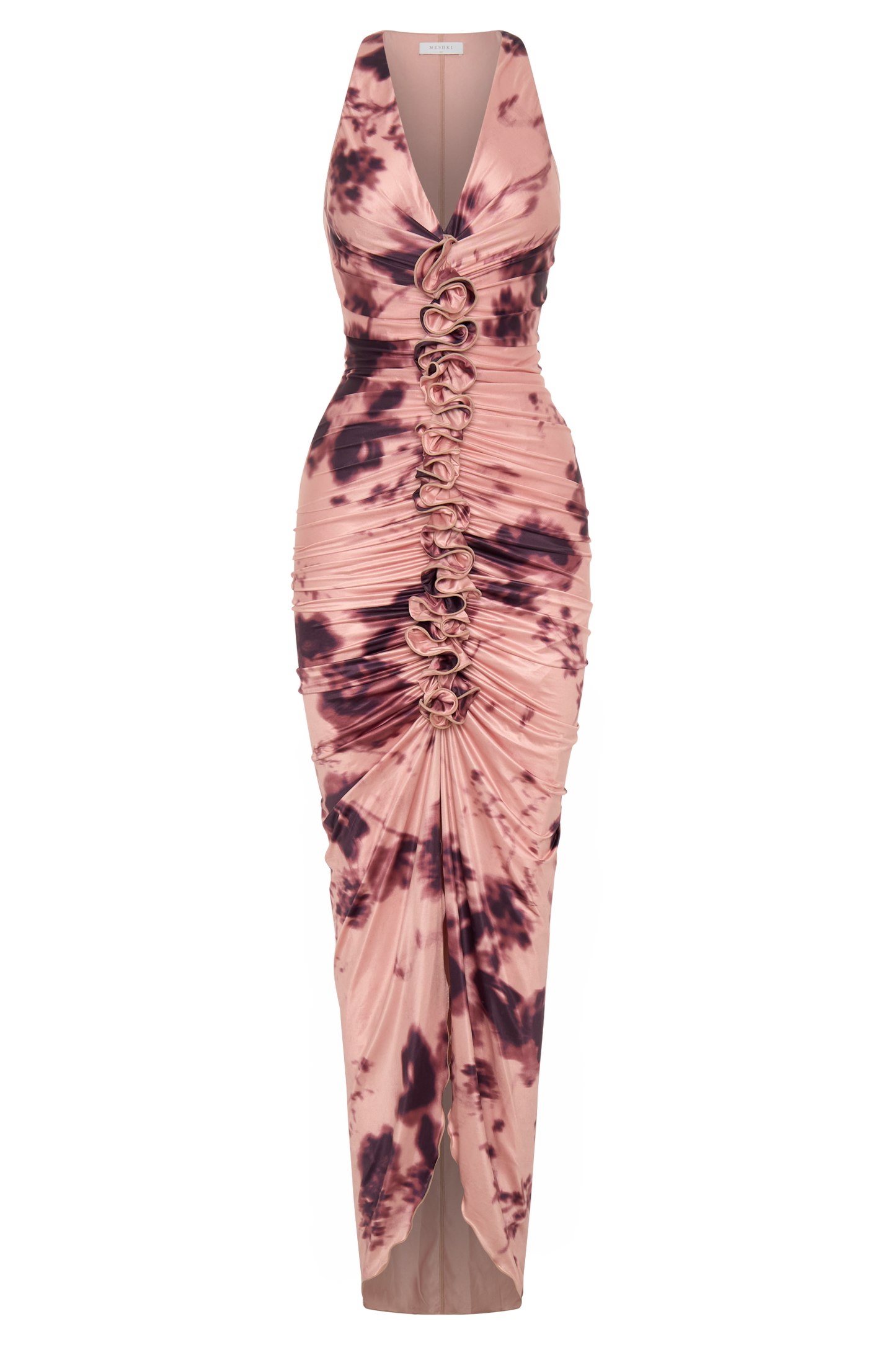 Alessandra Slinky Ruffle Maxi Dress - Pink Blurred Floral Print