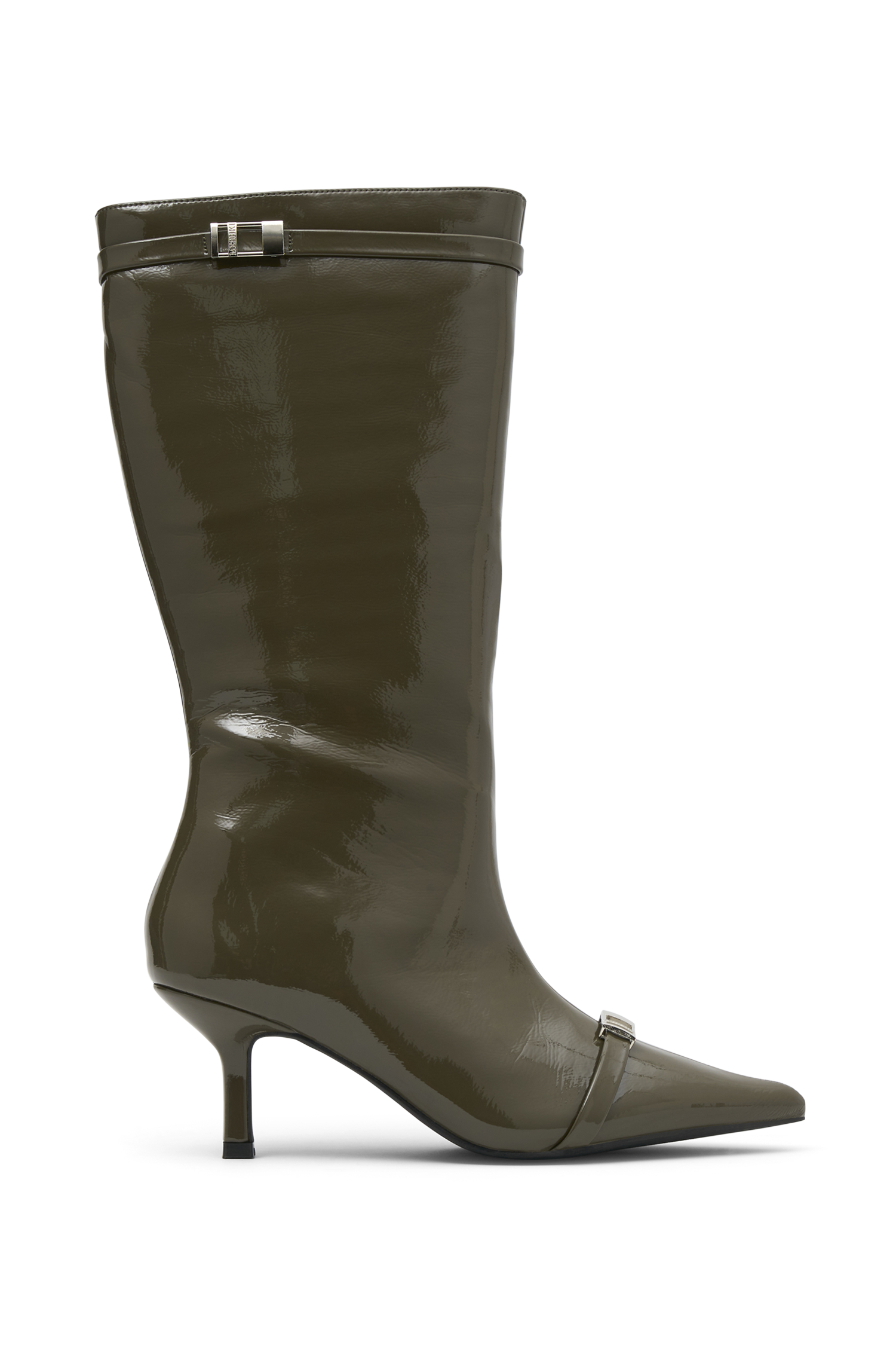 Astra Patent Faux Leather Buckle Boot - Khaki #8