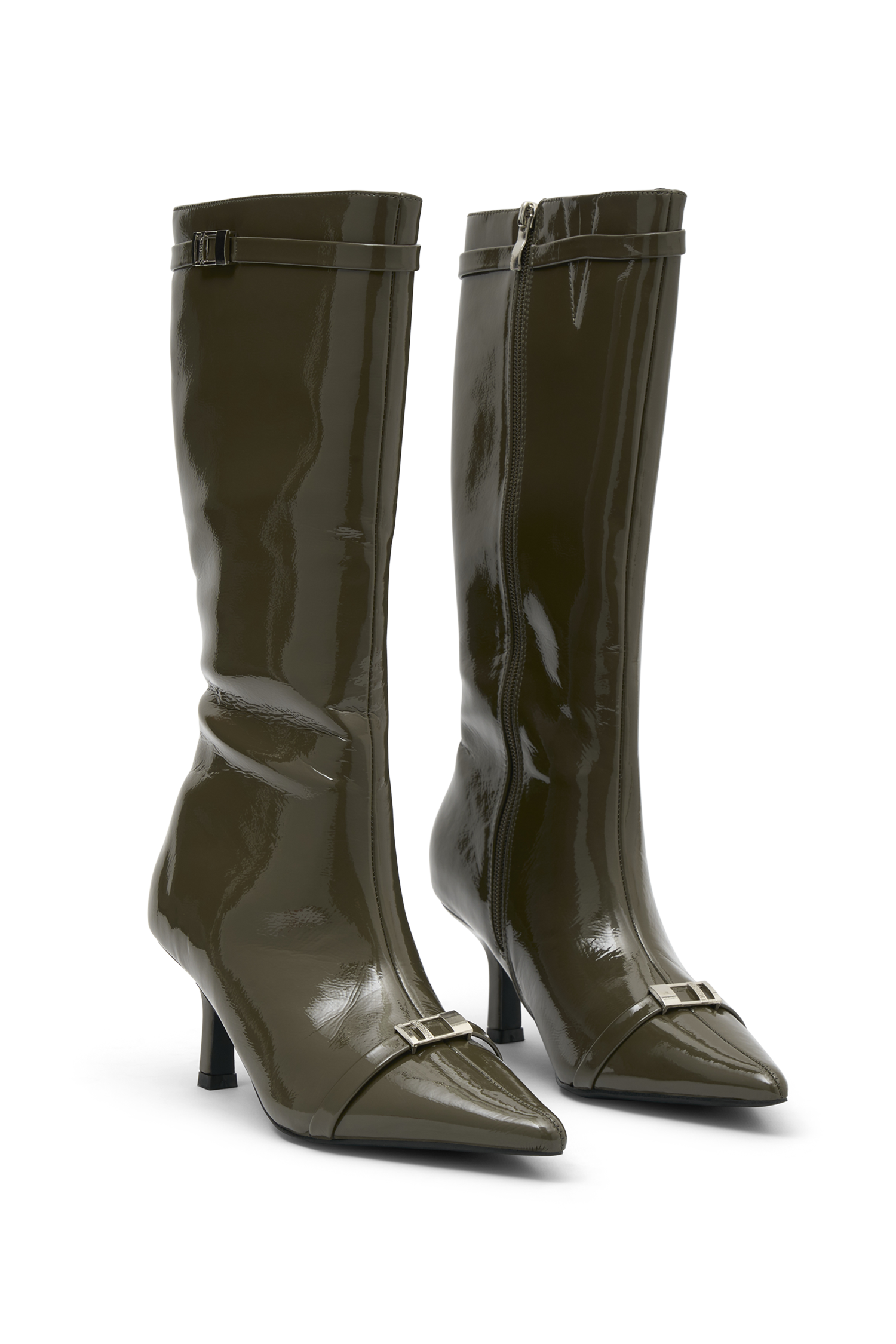 Astra Patent Faux Leather Buckle Boot - Khaki #9