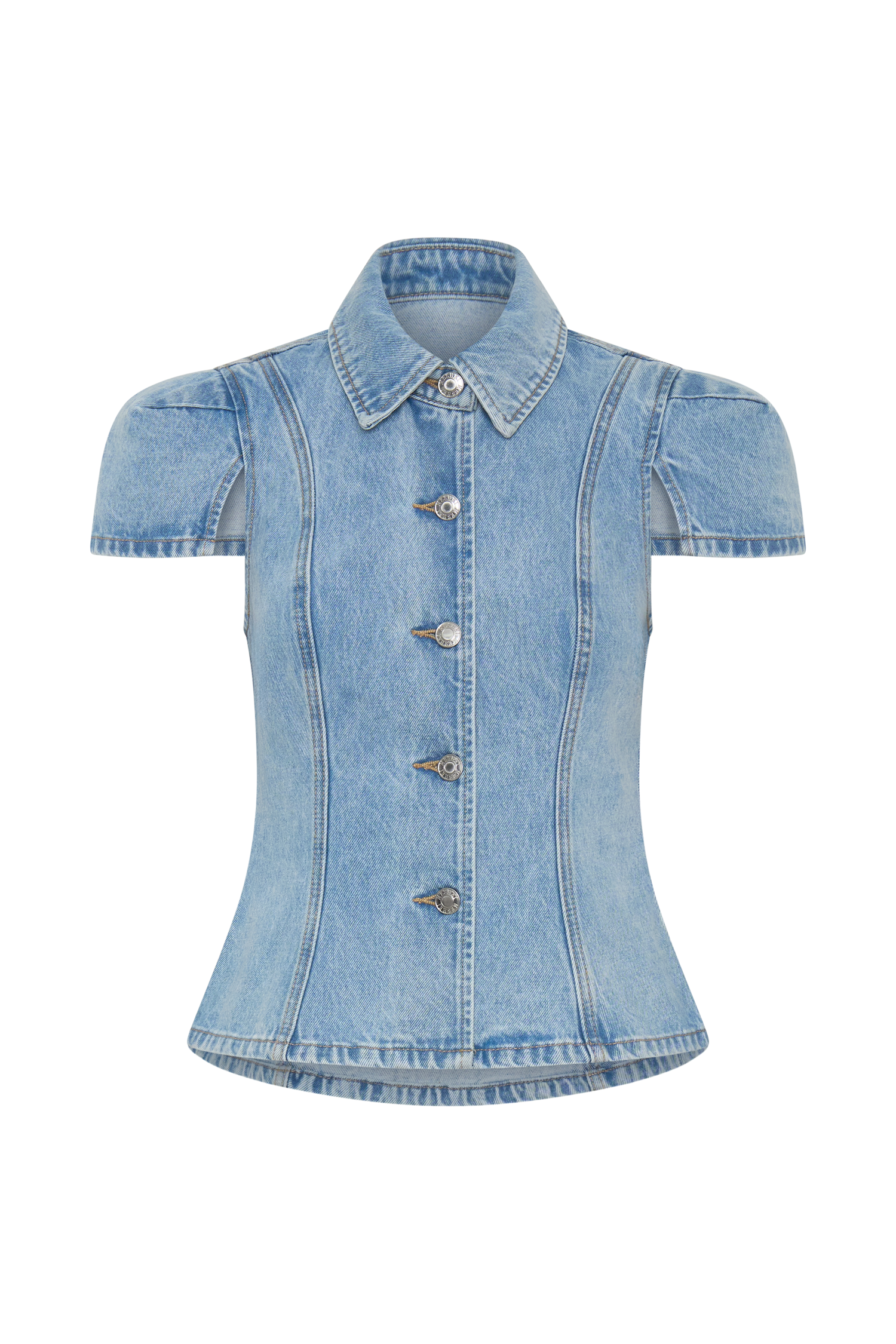 Bently Short Sleeve Denim Top - Washed Light Blue | MESHKI UK