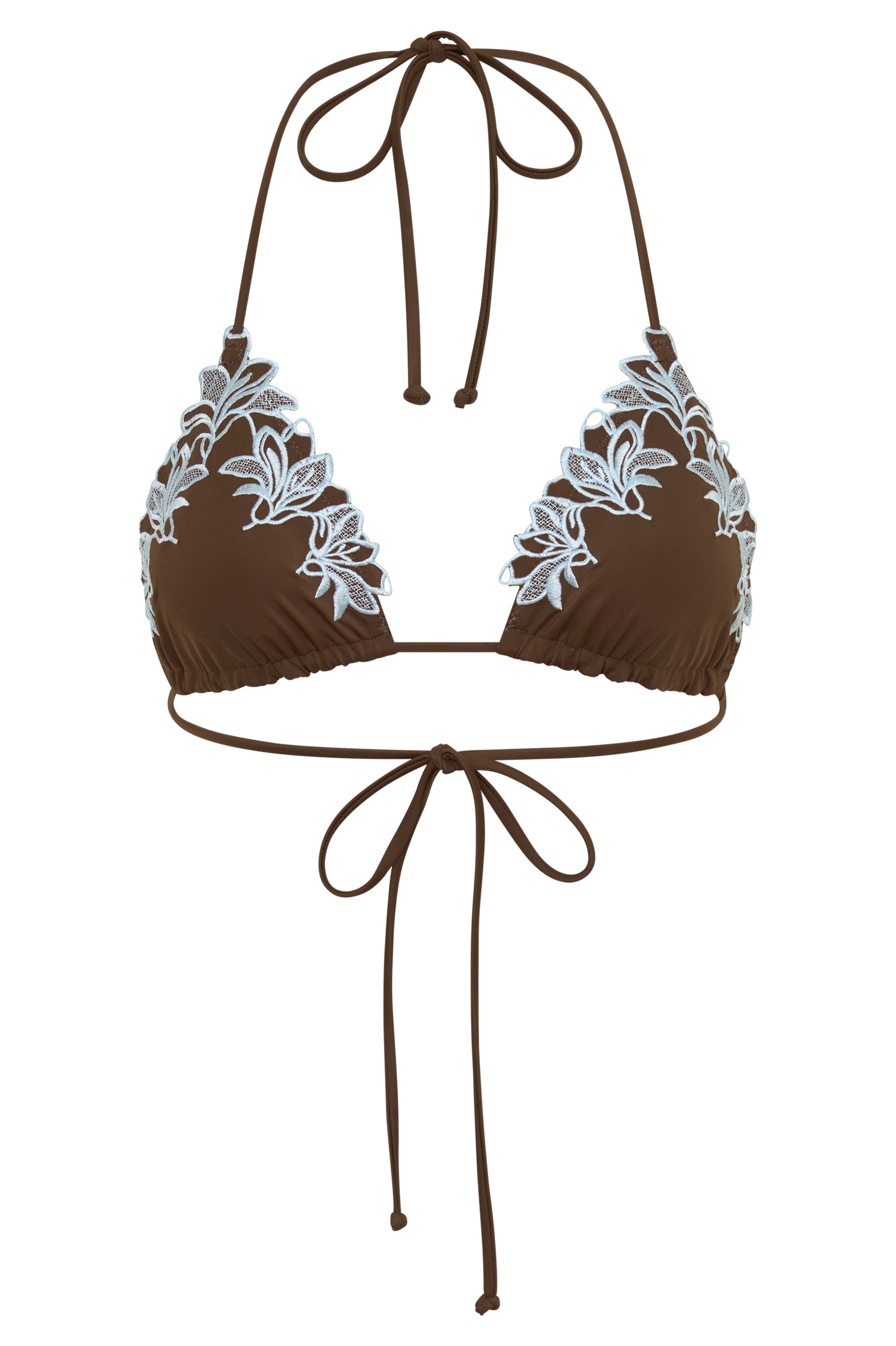 Bloom Embroidered Triangle Bikini Top - Chocolate With Pale Blue Embroidery