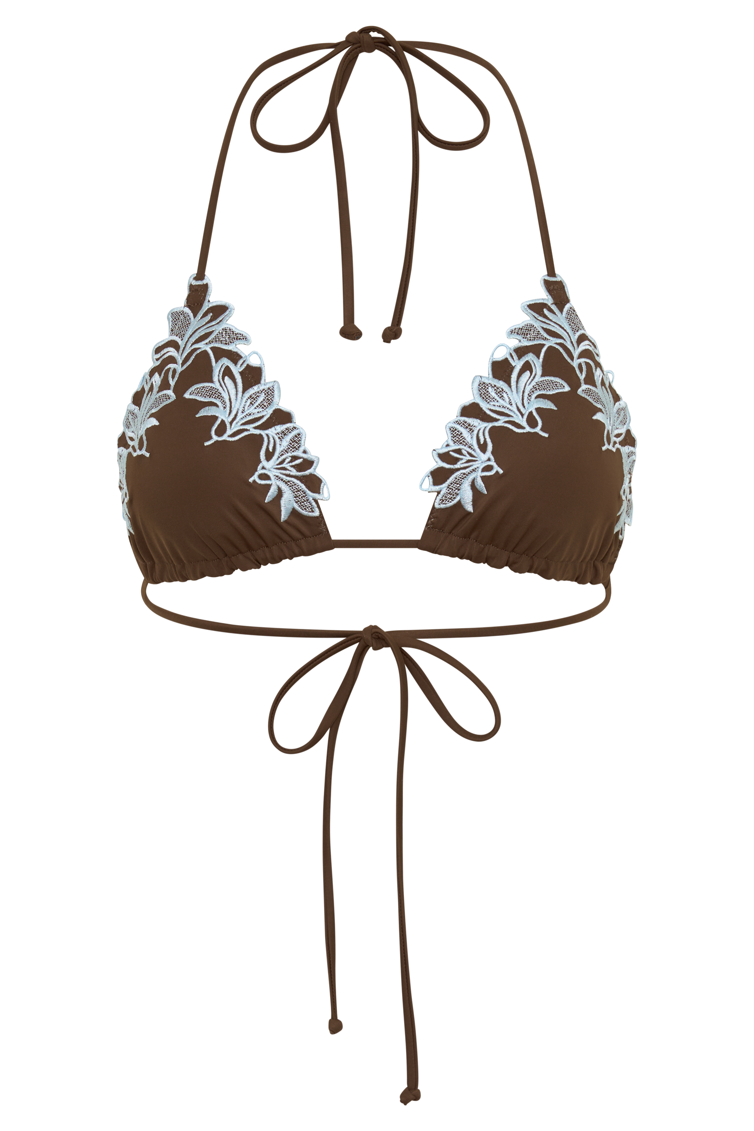 Bloom Embroidered Triangle Bikini Top - Chocolate With Pale Blue Embroidery #13