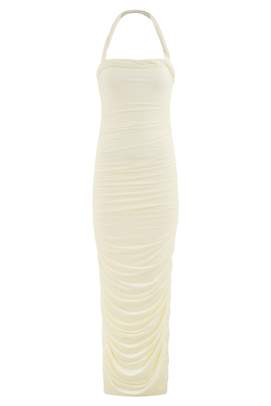 nude strappy mesh ruched midaxi dress Nude Mesh Off Shoulder Long Sleeve Ruched Dress Hot Miami Styles