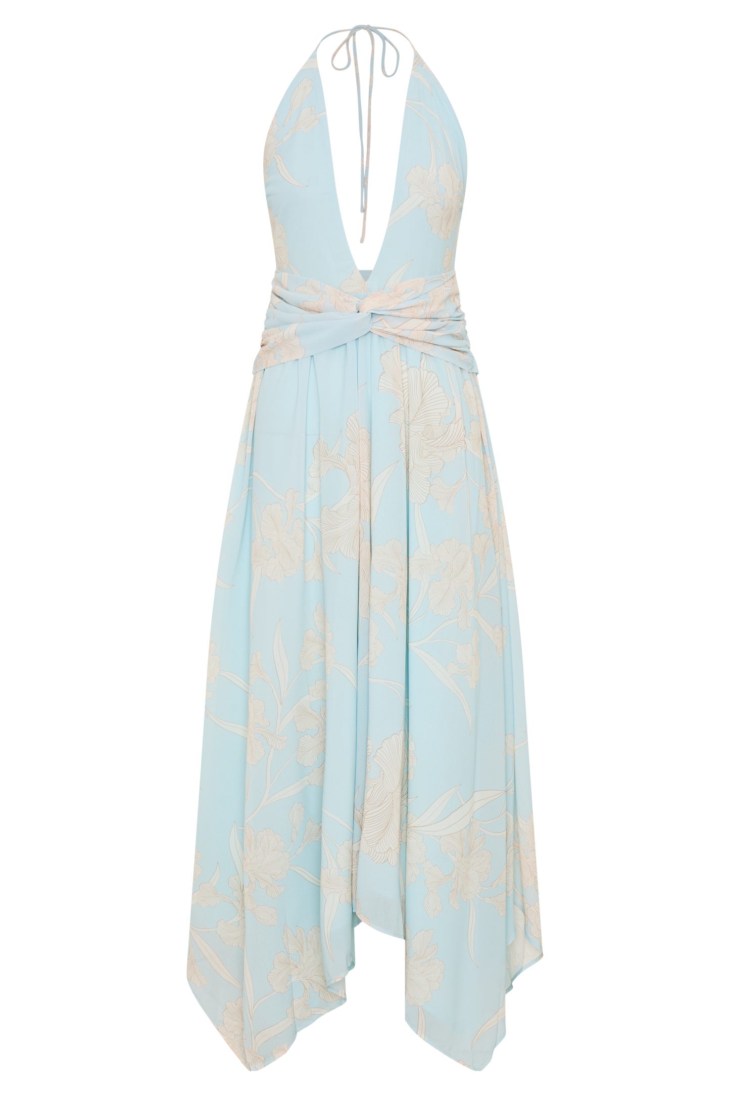 Cyra Plunge Chiffon Midi Dress - Blue Floral Print