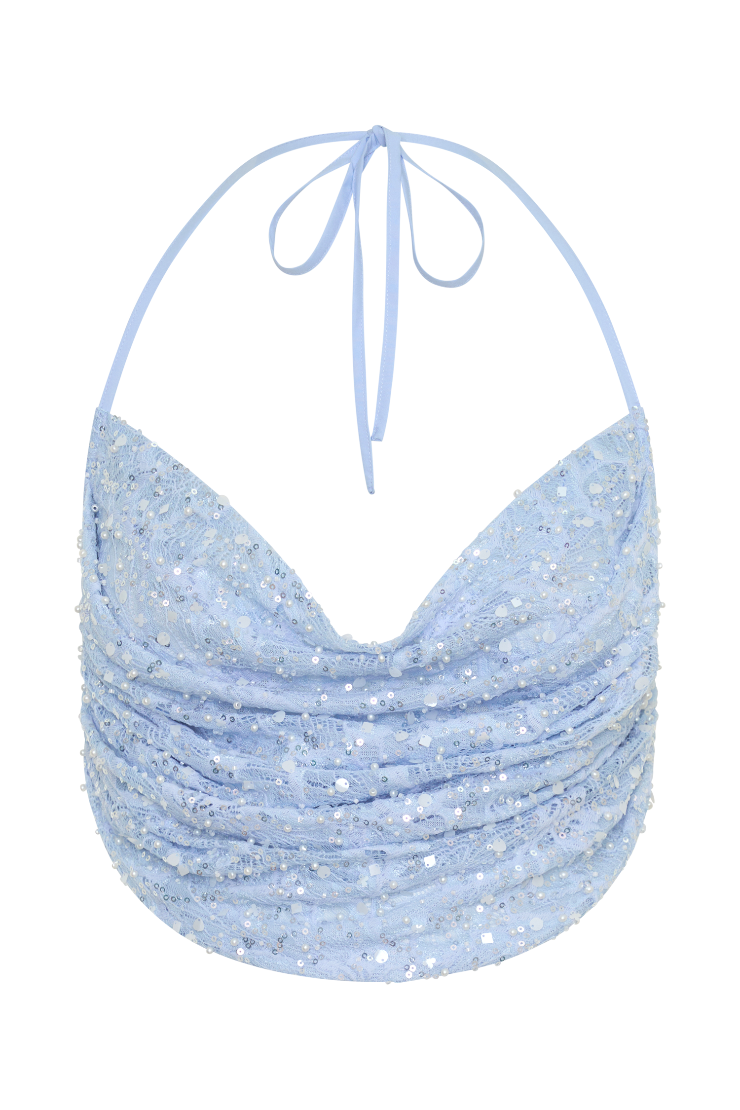 Kiara Pearl Beaded Cowl Crop Top - Powder Blue #9