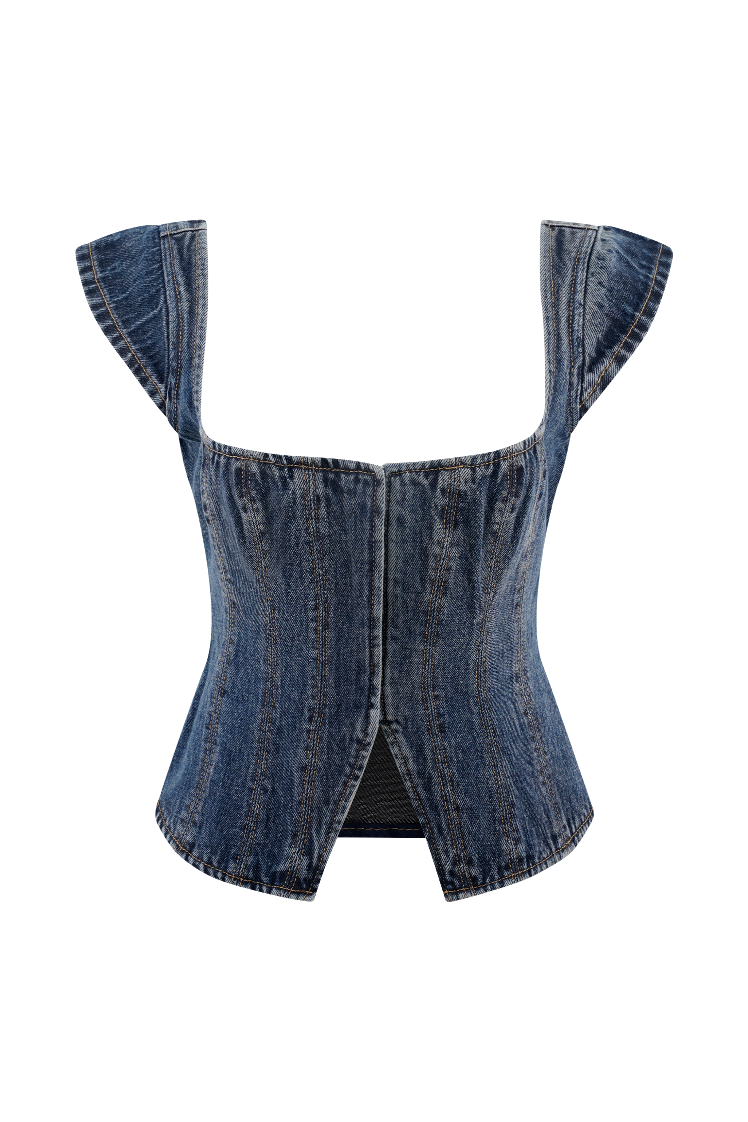 Loretta Cap Sleeve Denim Top - Washed Dark Blue #9