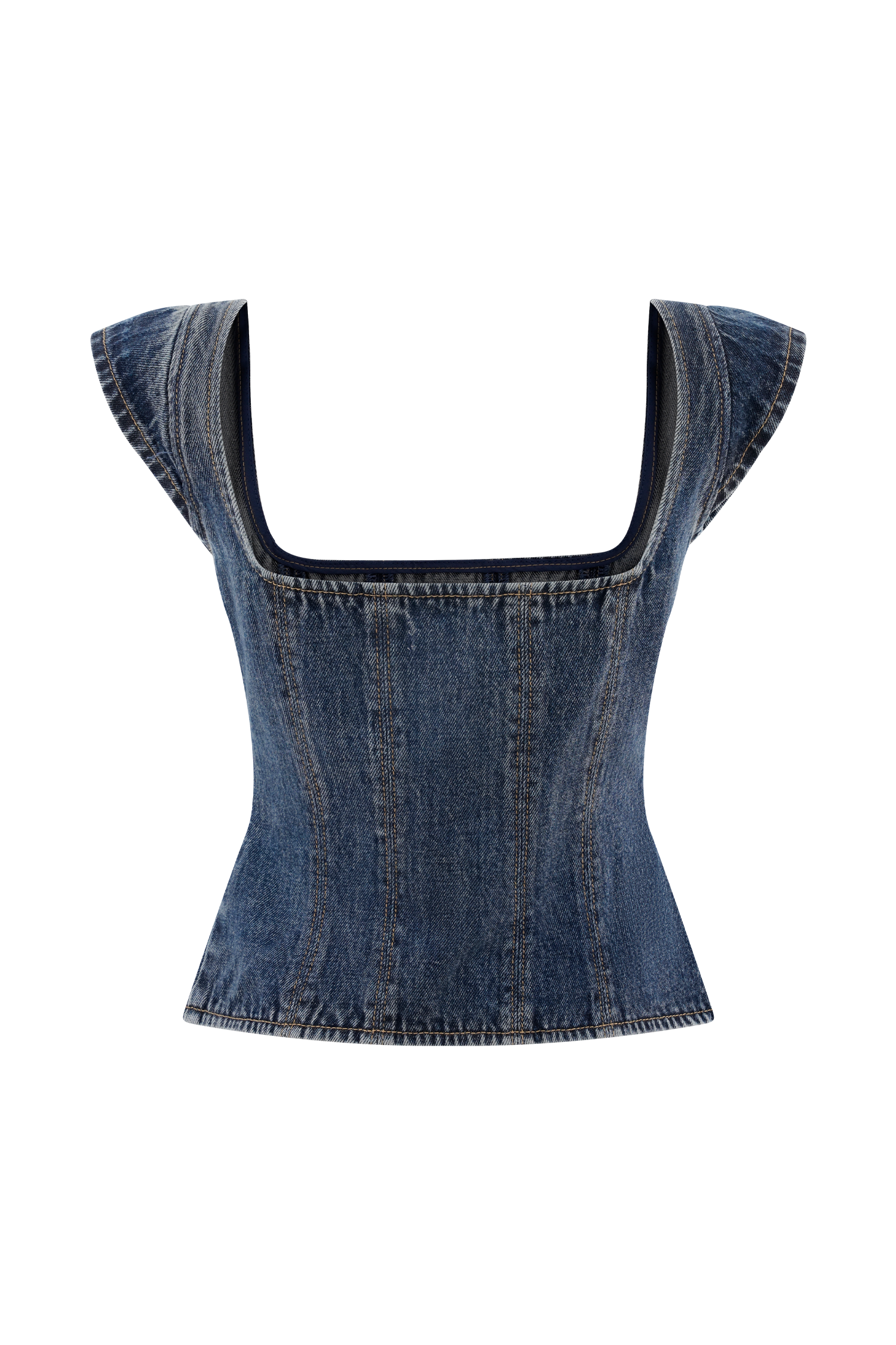 Loretta Cap Sleeve Denim Top - Washed Dark Blue #8
