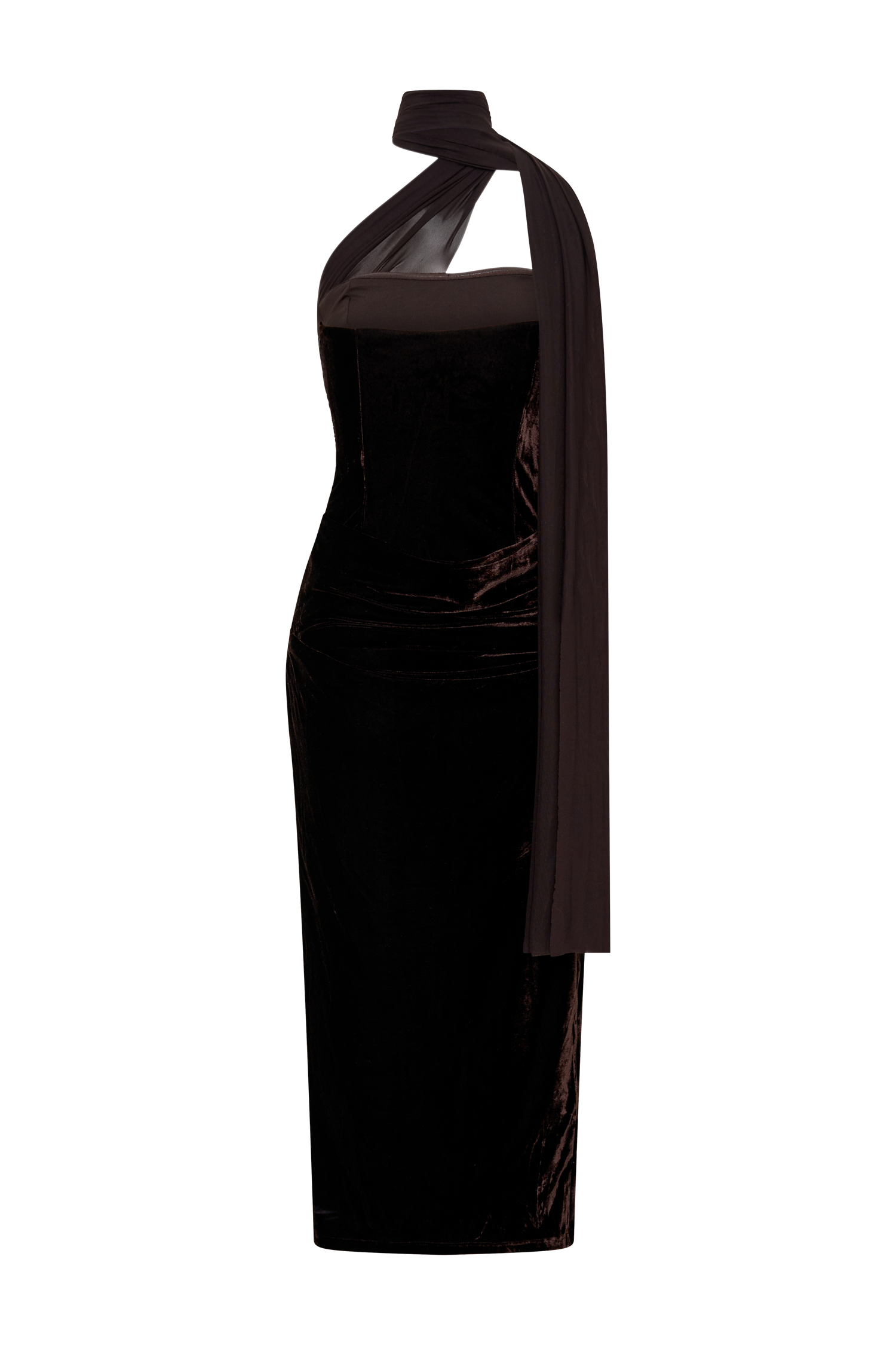Mattea Velvet Midi Dress With Scarf - Chocolate #6