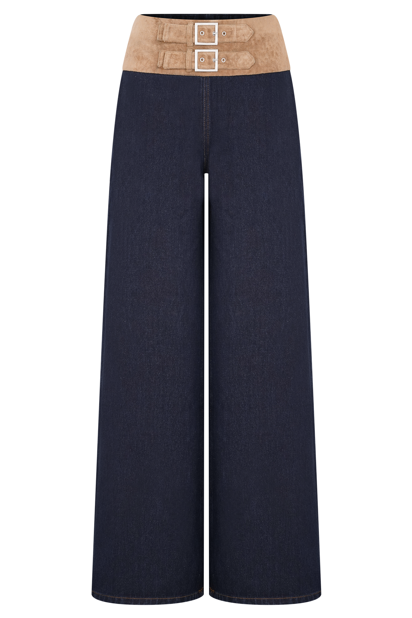 Miranda Faux Suede Belted Denim Wide Leg Jeans - Indigo Blue