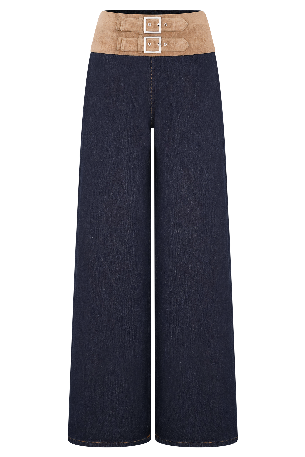 Miranda Faux Suede Belted Denim Wide Leg Jeans - Indigo Blue