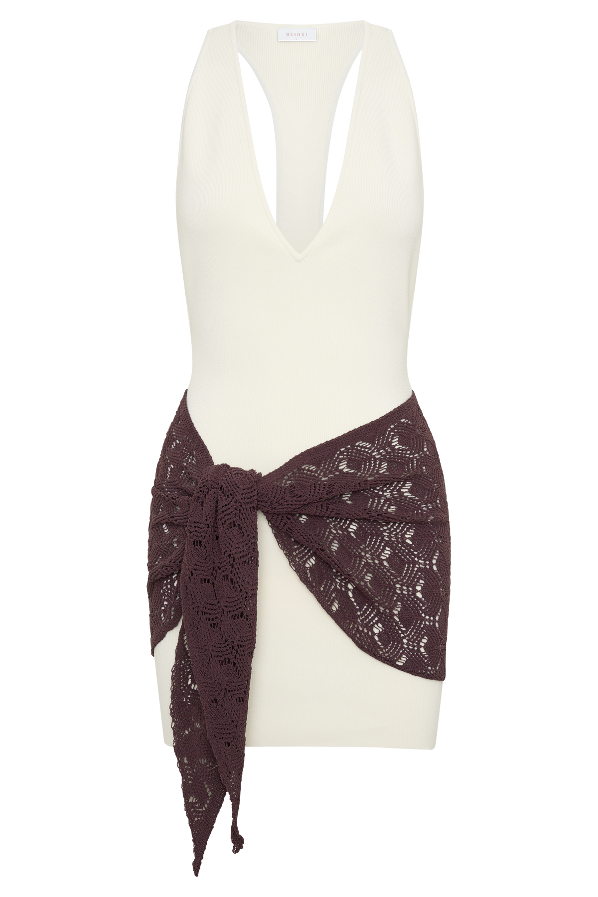 Mollie Mini Dress With Crochet Overlay - White/Chocolate #9