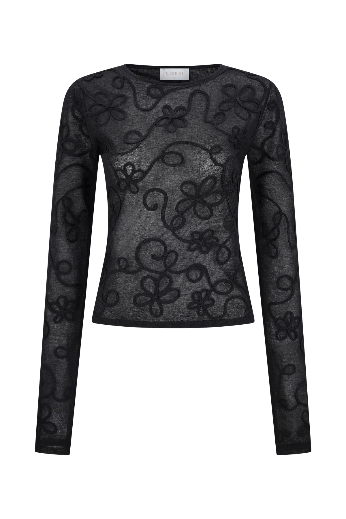 Omari Embroidery Long Sleeve Knit Top - Black