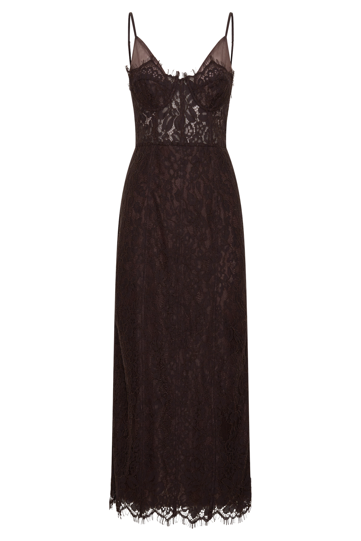 Ottilie Lace And Mesh Midi Dress - Dark Chocolate