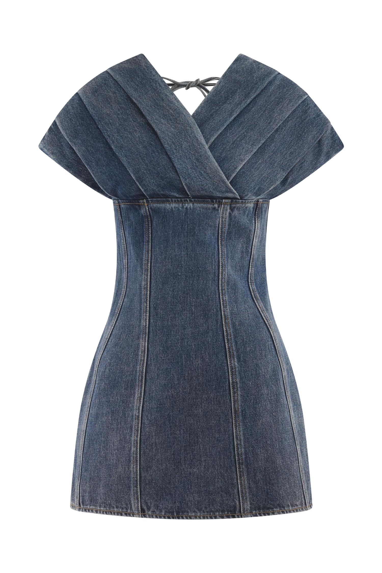 Pascale Off Shoulder Denim Mini Dress - Washed Dark Blue #11