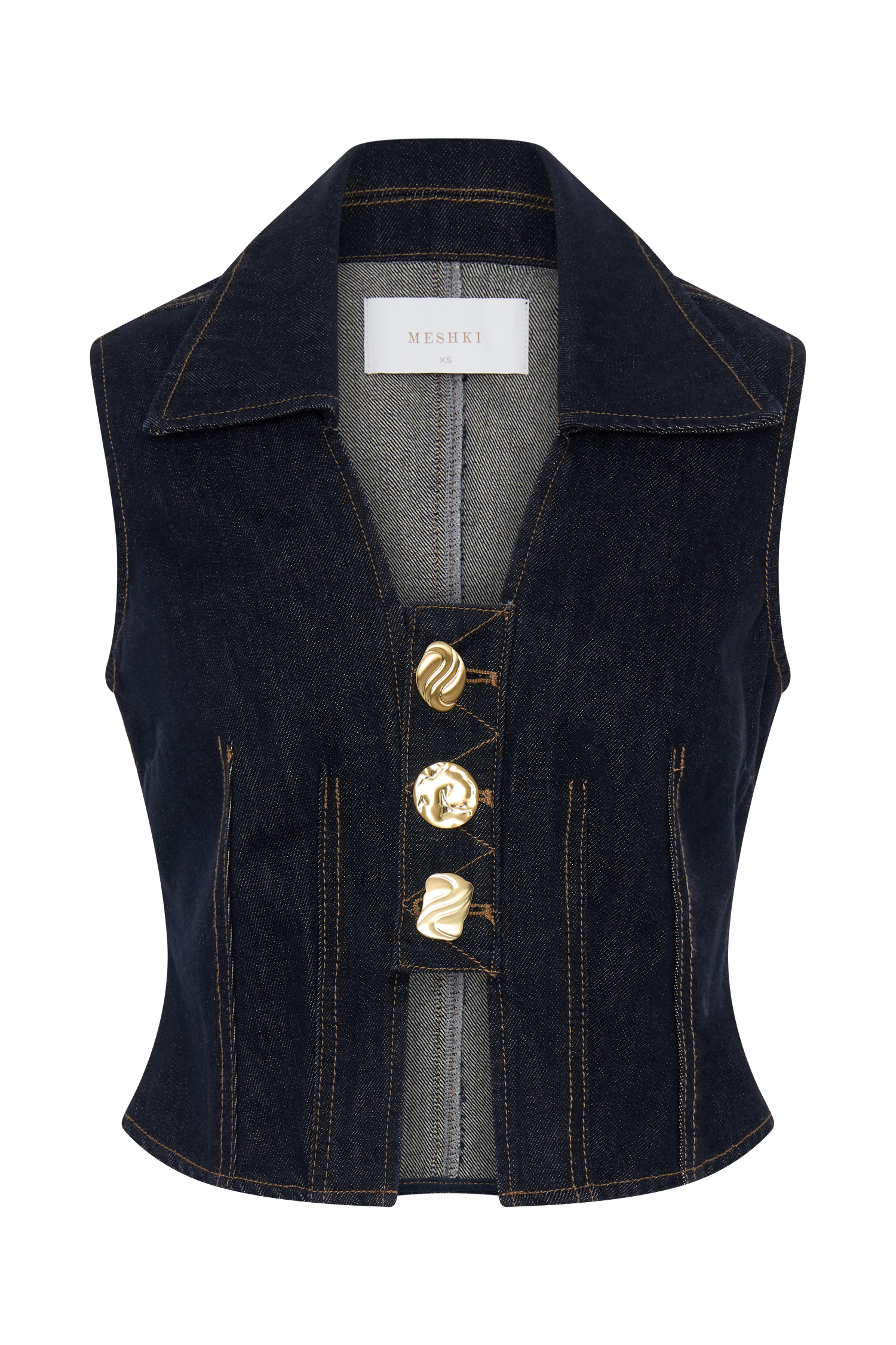 Shona Denim Vest With Decorative Buttons - Washed Indigo Blue #9