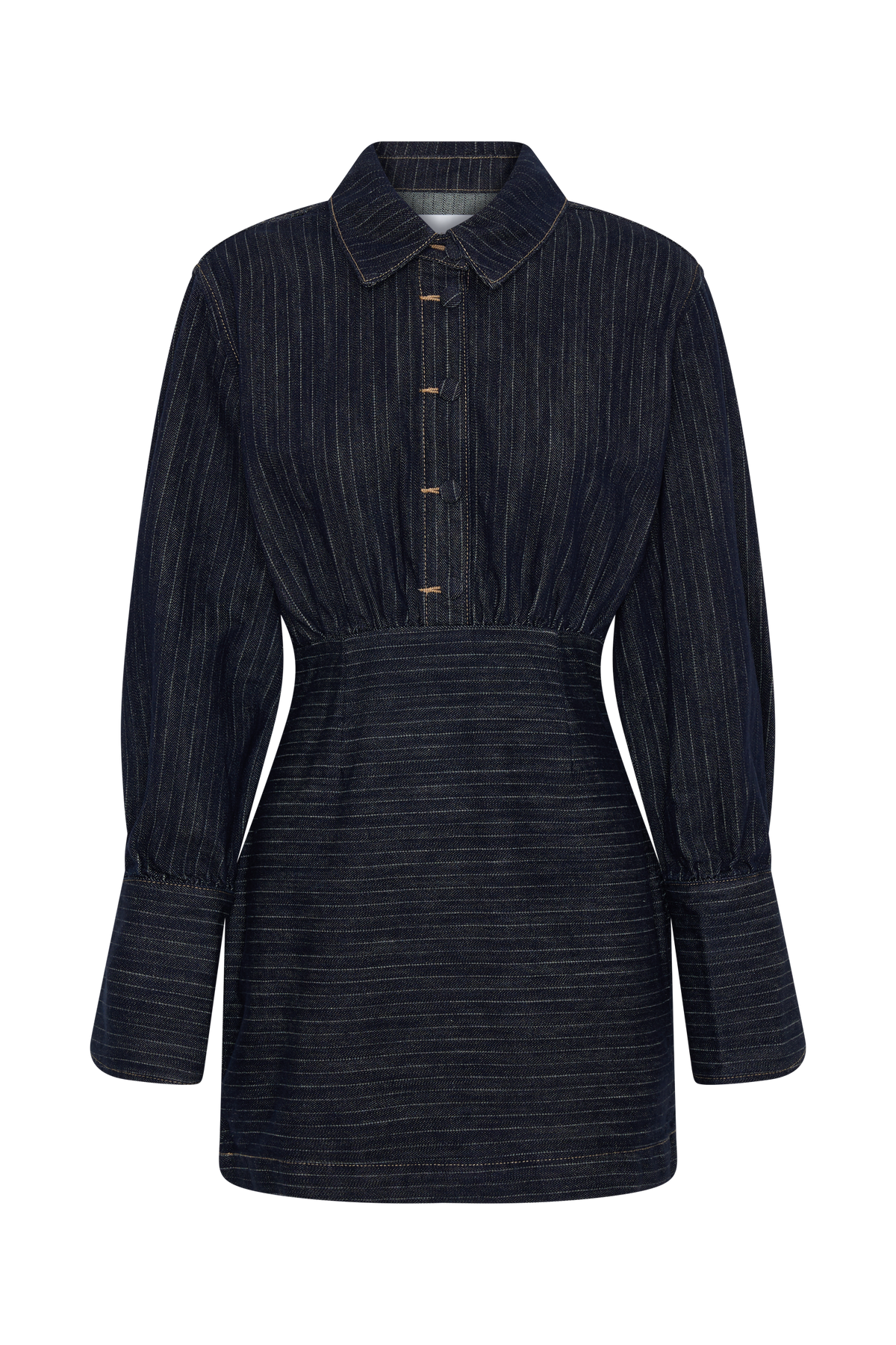 Zarah Denim Long Sleeve Mini Dress - Indigo Pinstripe