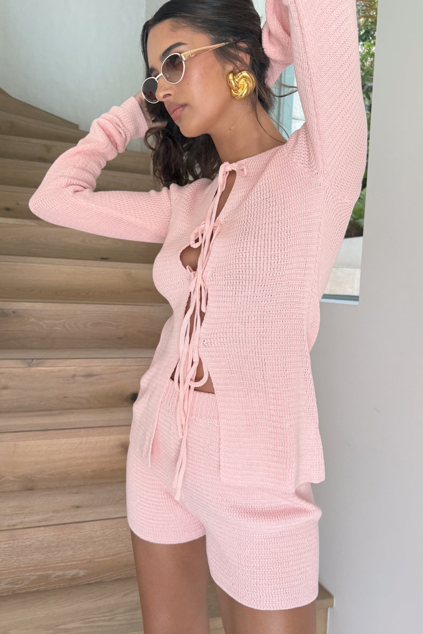 Noah Knit Tie Long Sleeve Top - Baby Pink